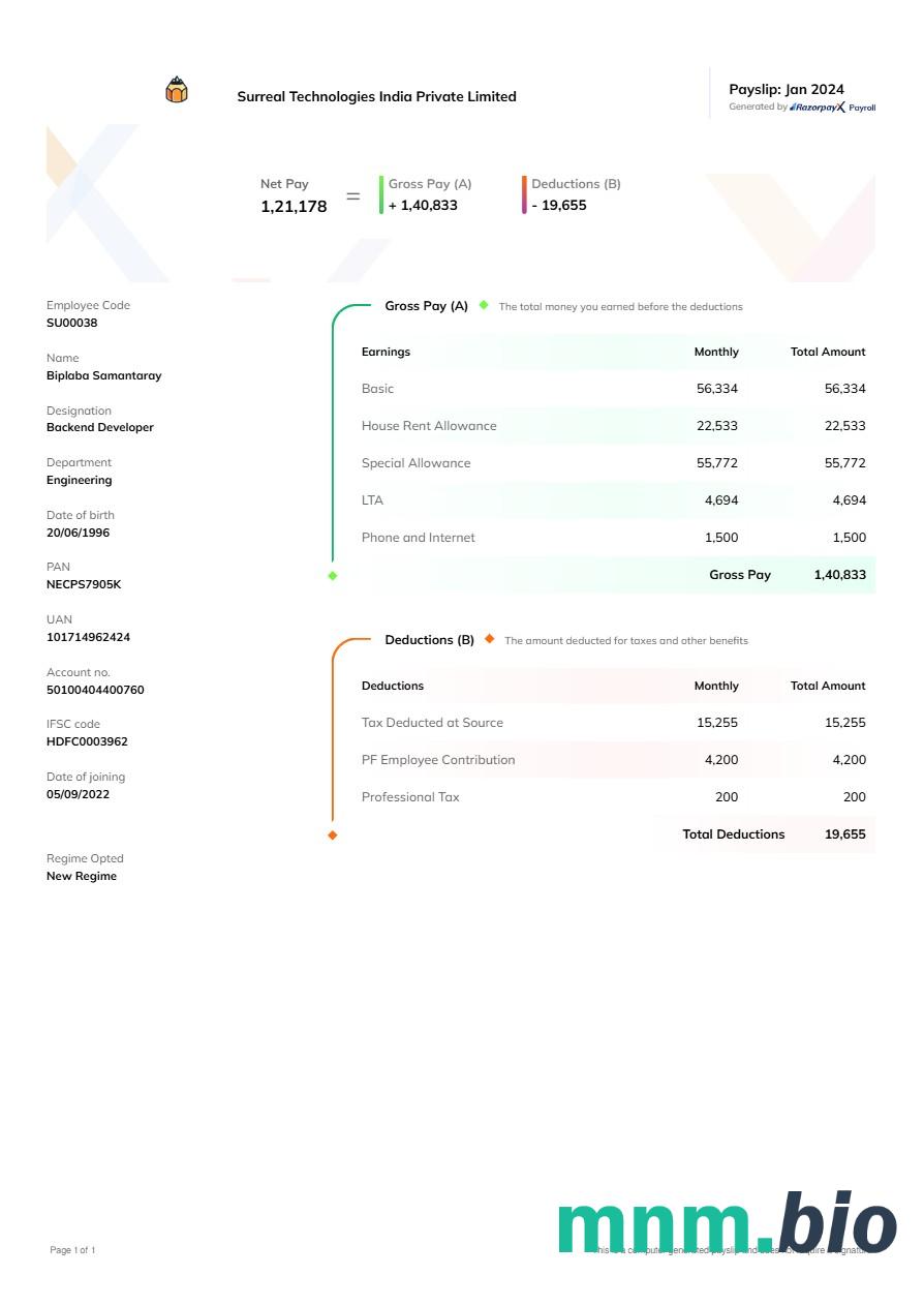 Surreal Technologies India payslip szablon w formacie Word i PDF